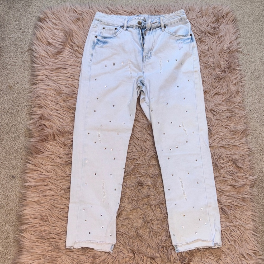 VENUS Light Blue Straight Leg Jeans with Sparkle Accents